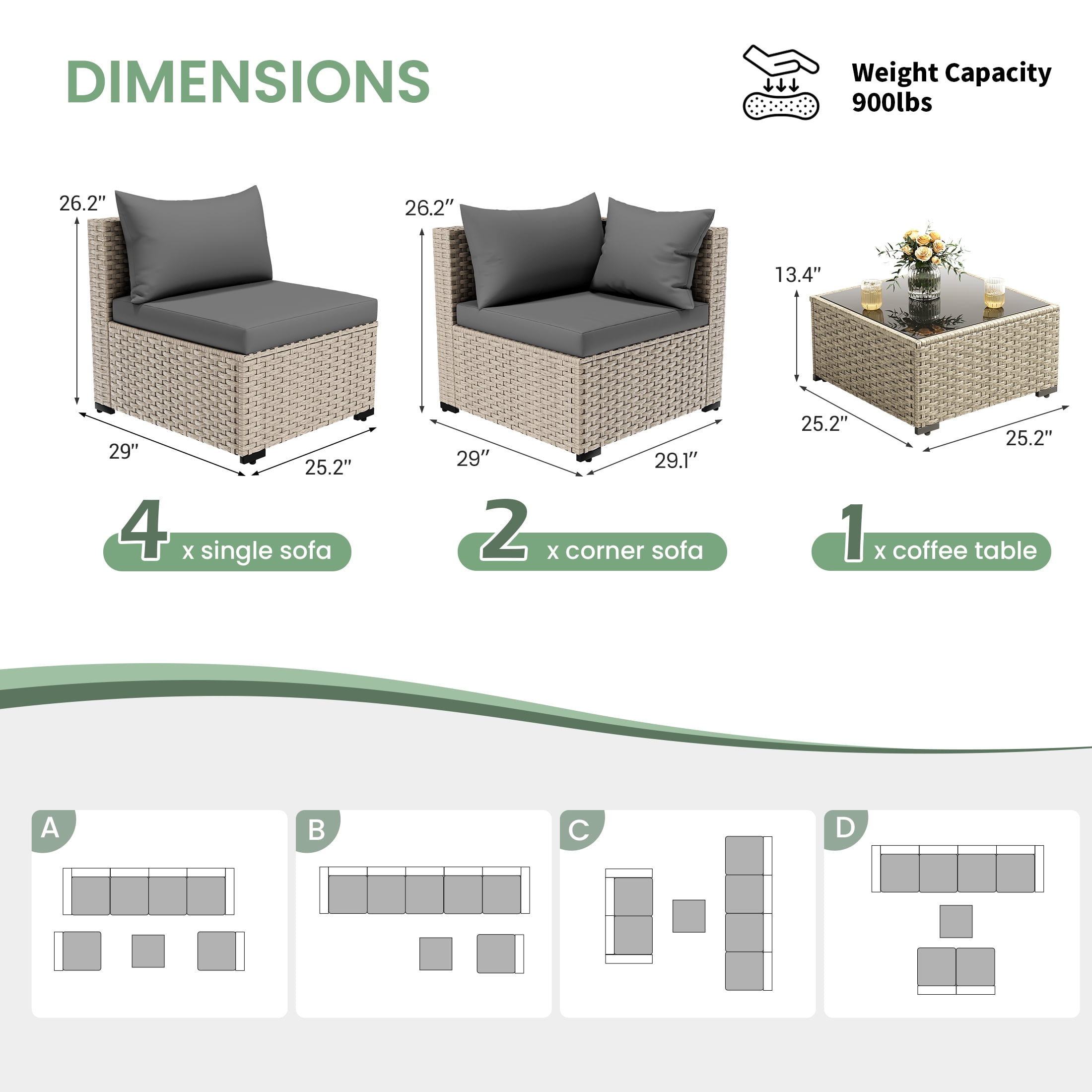POTEBAN Patio Furniture Set, 7-Piece Outdoor Sectional All-Weather Wicker Patio Conversation Set for Backyard (Gray Cushions with Gray Rattan)