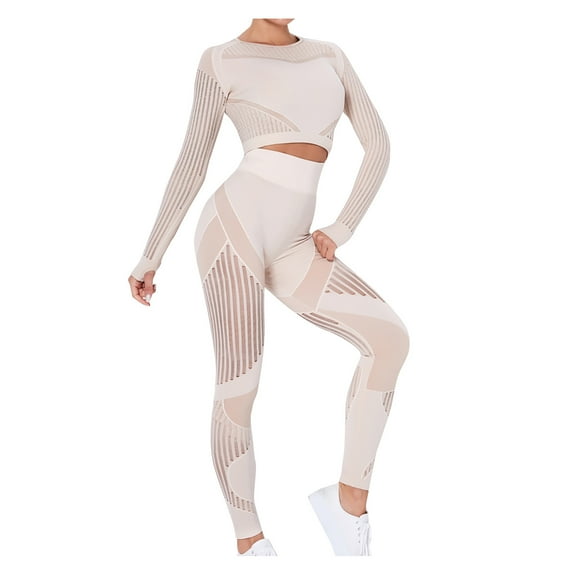 SELONE Workout Sets for Women Two Piece Outfits Seamless Striped Hollow Yoga Clothes Hip Quick-drying Fitness Suit 27-Khaki S