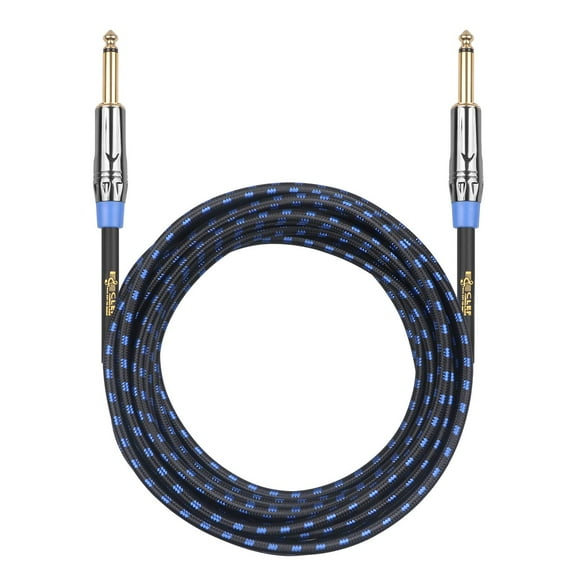 Clef Audio Labs 6.35mm TS to 6.35mm TS, Black Chrome Zinc Alloy Shell/Blue Braided - 15FT- 1PK