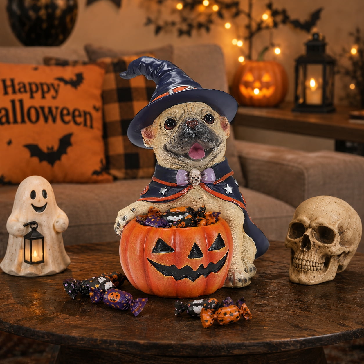 French Bulldog Figurine 12.6 Inch, Halloween Witch Puppy Statue with Pumpkin Candy Bowl, Cute Dog Decor for Tabletop and Holiday Display, Beige and Orange-Red