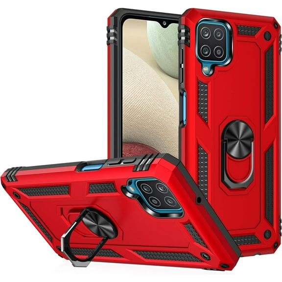 Military Grade Drop Impact for Samsung Galaxy A12 Case Galaxy A12 5G Case 360 Metal Rotating Ring Kickstand Holder  Heavy Duty Shockproof Case for Galaxy A12 5G Phone Case (Red)