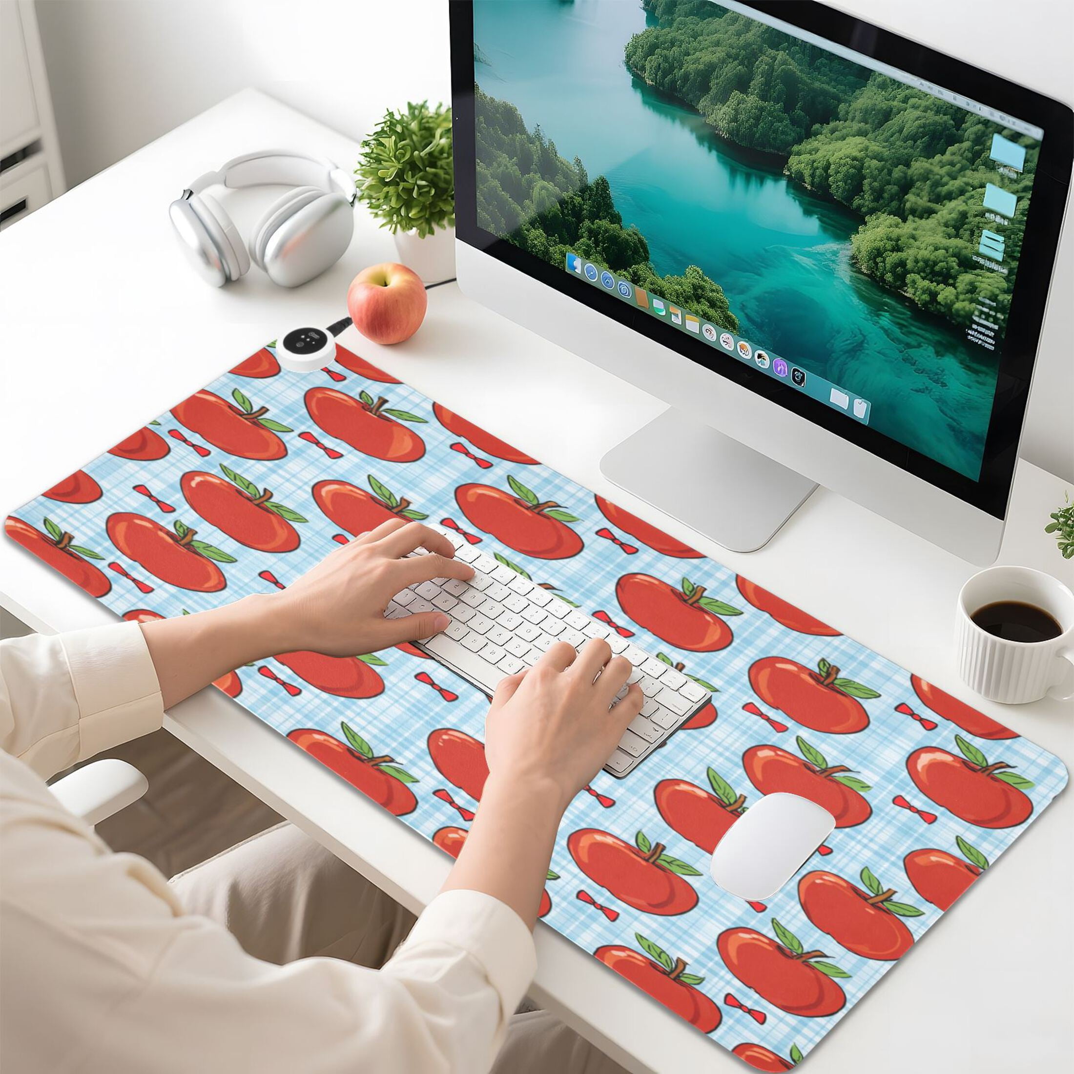 Large Heated Desk Mat Mouse Pad 31.5"x13"PU Leather Graphene Heating Desk Warmer with 3 Temperature Settings 110V US Plug Non-Slip Warm Pad for Home, Office, and Gaming Red Apple Gingham Print