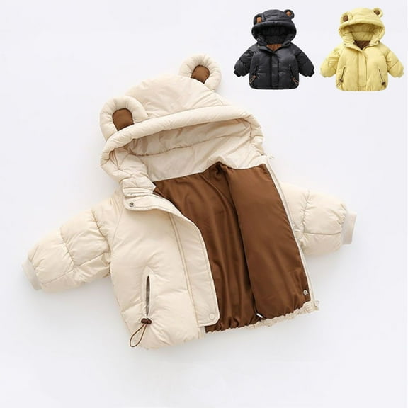 Zwiiyzr 1-7Y Boys and Girls Quilted Jacket Sports Tops Winter Warm Jacket Outerwear Letter Bear Ears Coats Hooded Coat Black