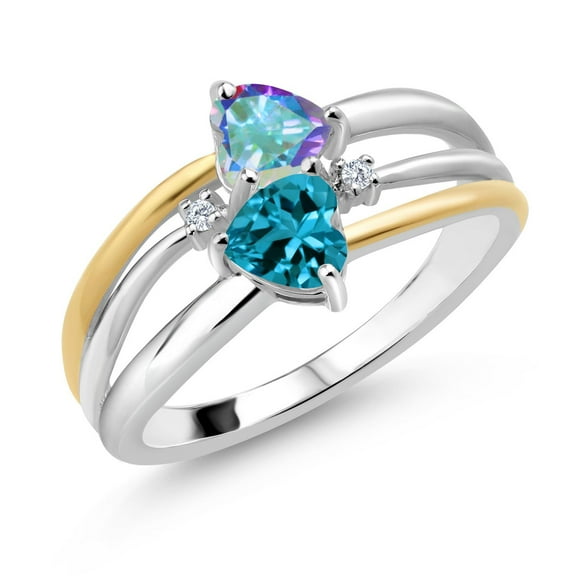 925 Silver and 10K Yellow Gold Mercury Mist Mystic Topaz and London Blue Topaz and White Lab Grown Diamond Band Ring for Women (1.13 Cttw, Gemstone November Birthstone, Heart Shape 5MM, Size 6)