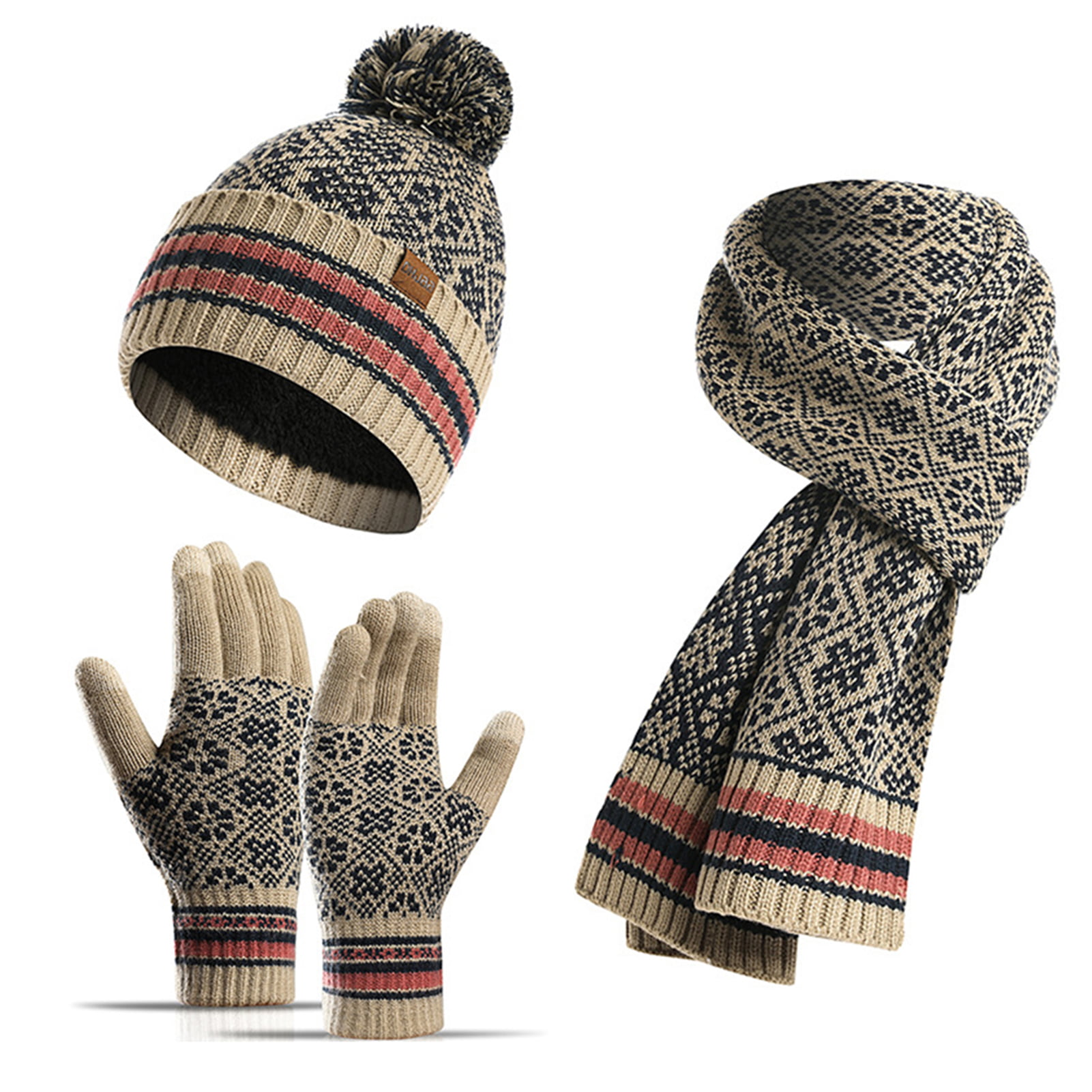 Thermal Knitted Hat and Scarf Gloves Set Chunky Fleece Lining Neck Warmer Touch Screen Gloves,Outdoor Sports Warm Set for Skiing/Hiking/Running/Driving 