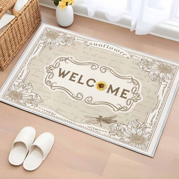 Vintage Sunflower Entryway Rug 2'x3' Non Slip Front Door Mats, Welcome Retro Art Floral Entrance Rugs Indoor Outdoor Carpet, Washable Floor Mats Small Area Rug for Bedroom Kitchen
