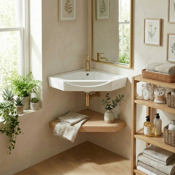 Modern Wall Mount Bathroom Corner Sink Alexander II White Porcelain Sink w/Overflow Renovators Supply