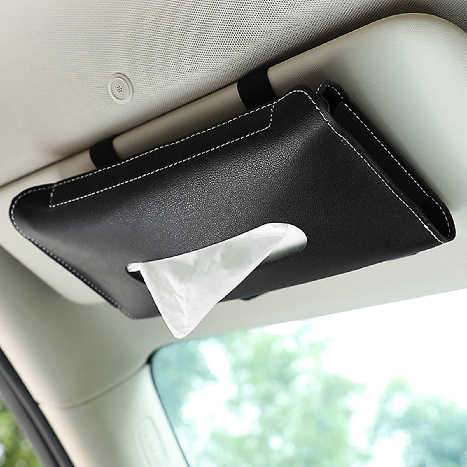 TANOU Sun Visor Car Tissue Box with Crystal Diamond Leather Auto Napkin Tissue Hanging Bag Holder for Car Accessories Black