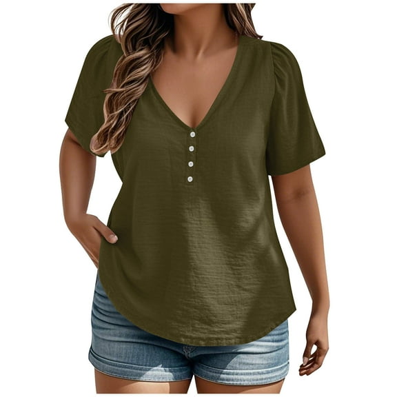 ZQGJB Plus Size V Neck Tops for Women Casual Button Solid Color Short Sleeve Henley Shirts Loose Lightweight Soft Cotton Blouses Army Green L