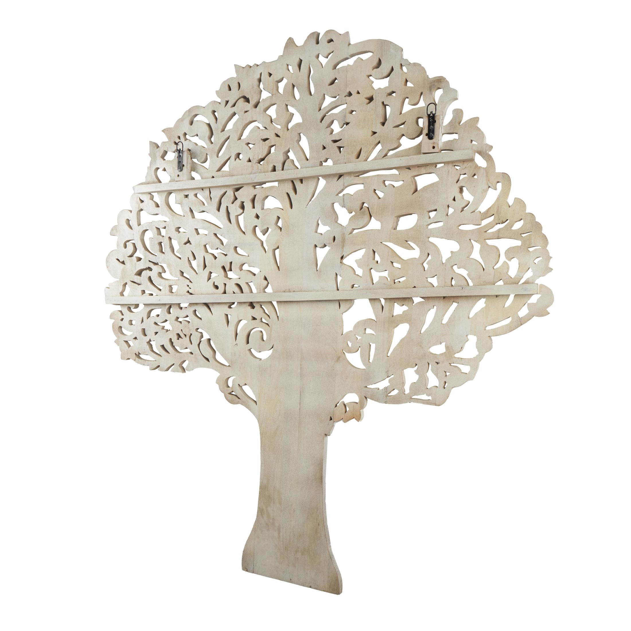 DecMode White Mango Wood Large Carved Tree Wall Decor with Scrollwork