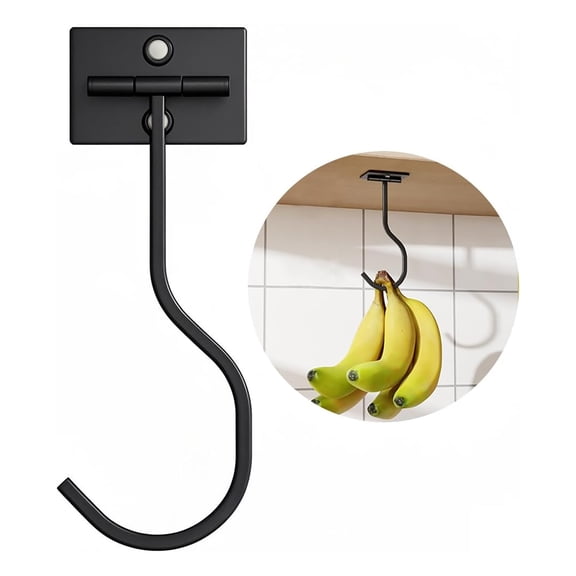 Under Cabinet Banana Hook Foldable - Adhesive Bananas Hanger, Heavy Duty Stainless Banana Holder (13lb), Magnetic Fold-Up When Not in Use, Premium Material, Black