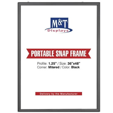M&T Displays Portable Snap Frame, Poster Size, 1.25" with White Backing and Anti-Glare Pet Cover (36x48, Black)