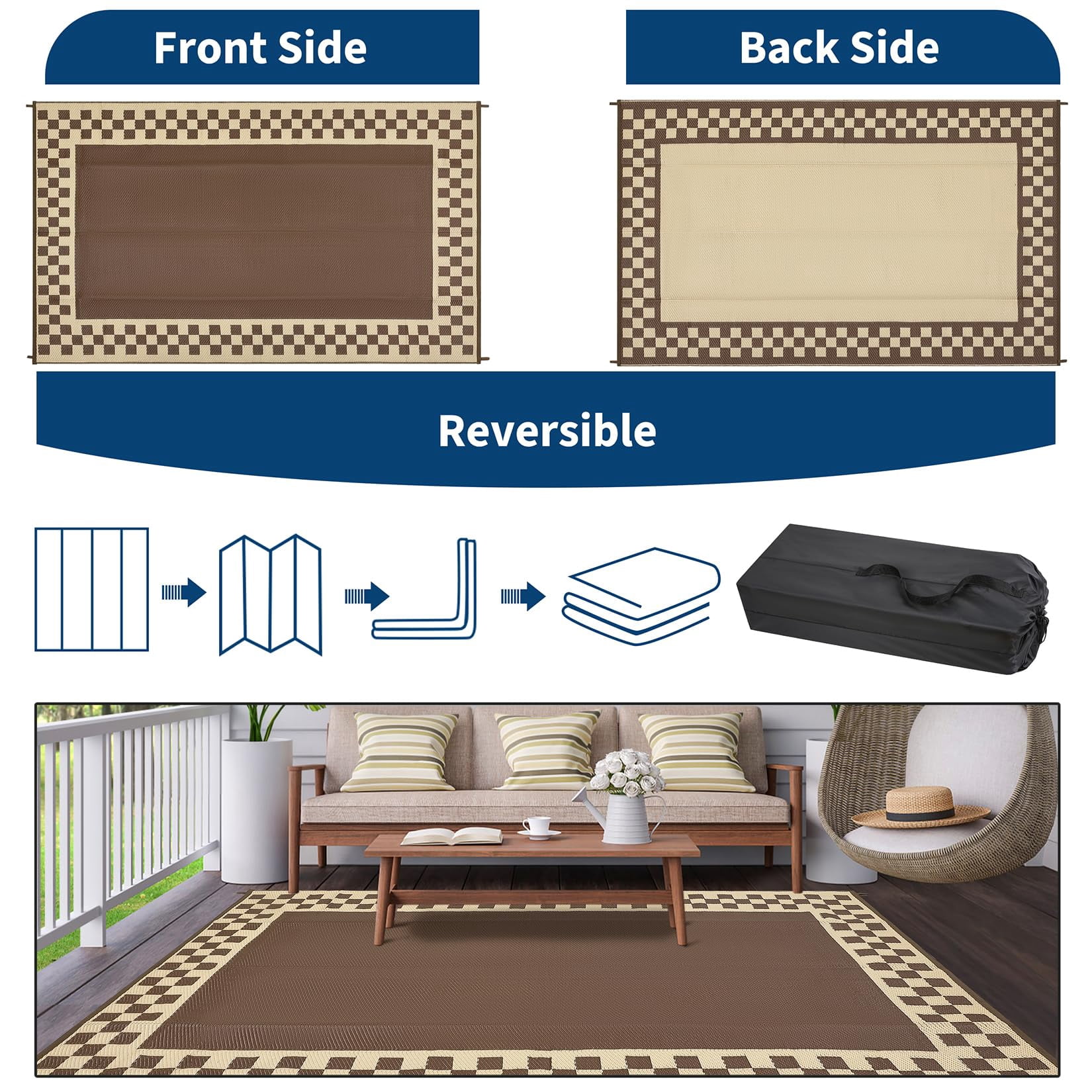 Outdoor Rug, Waterproof Reversible Patio Rug, Extra Large Plastic Straw Area Rug for Camping, RV, Backyard