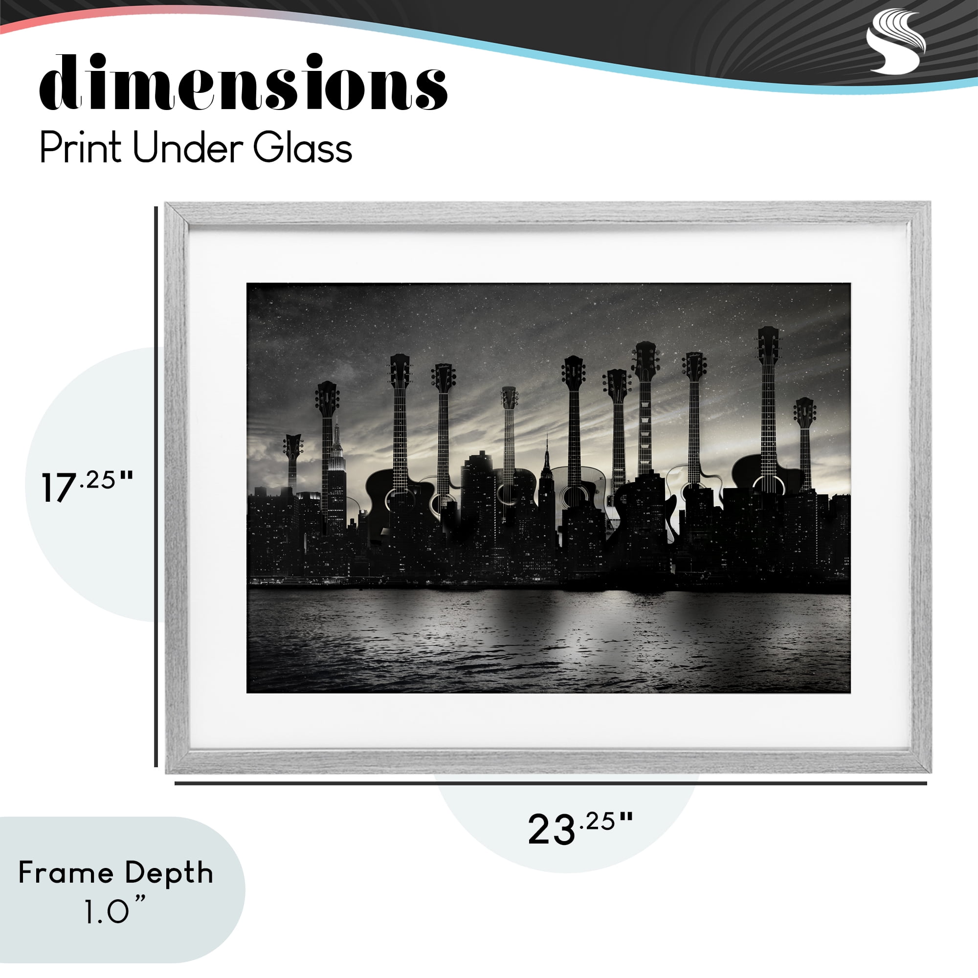 Stupell Industries Guitar Skyline Cityscape Gray Framed Print Under Glass, design by CAD Designs