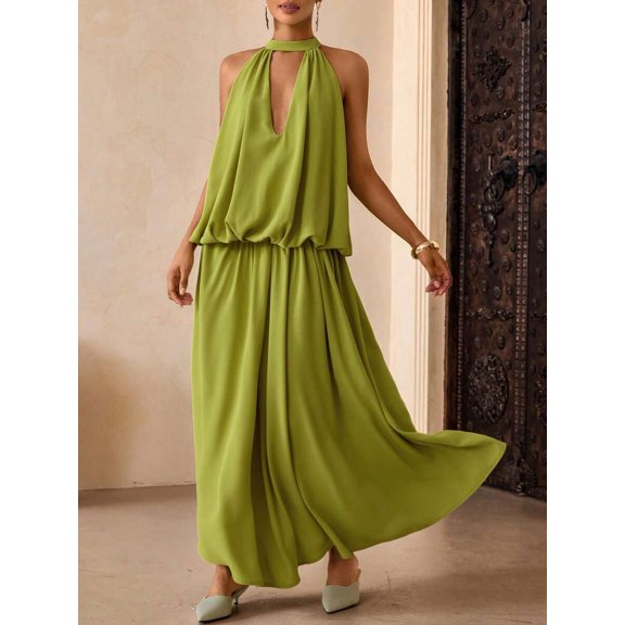 Green Summer Elegant Solid Color Halter Neck Maxi Dress