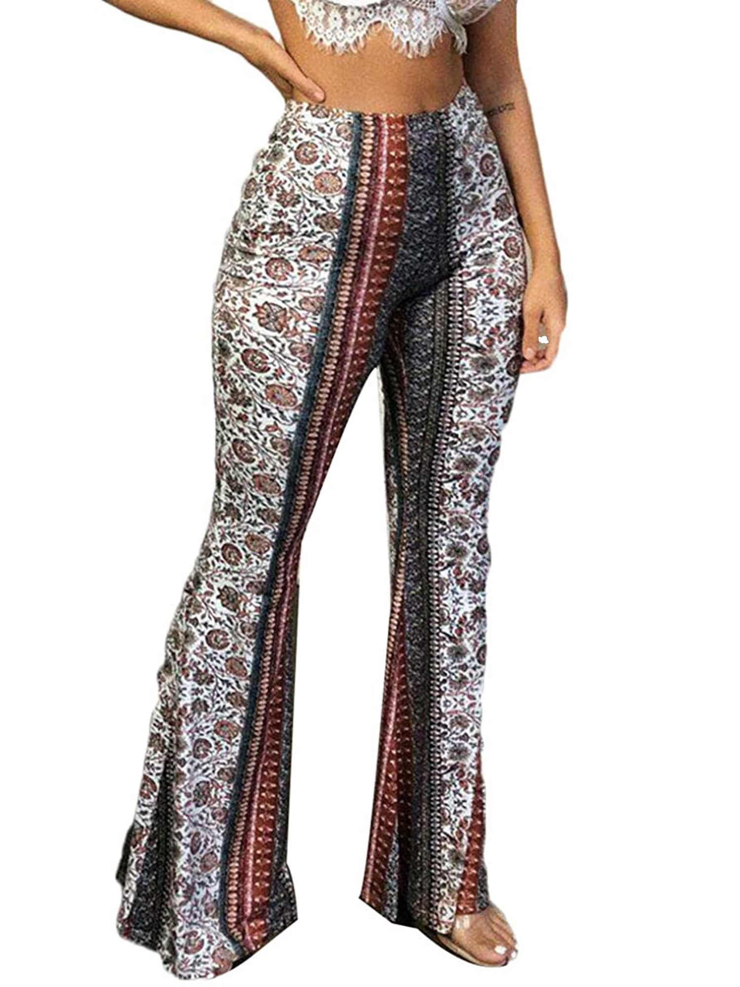 Ladies New Floral Print Palazzo Womens Flared Wide Leg Stretch Trousers Pants 