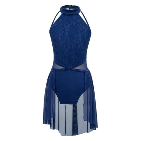 ZDHoor Kids Girls Sequins Ballerina Leotard Sleeveless Ballroom Jazz Modern Dance Costume Dark Blue 14