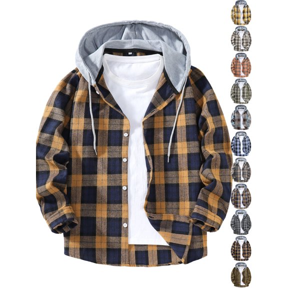 Men Jacket Dqueduo Men's Casual Patchwork Plaid Hooded Button Long Sleeve Shirt Jacket, Sizes S-XXL