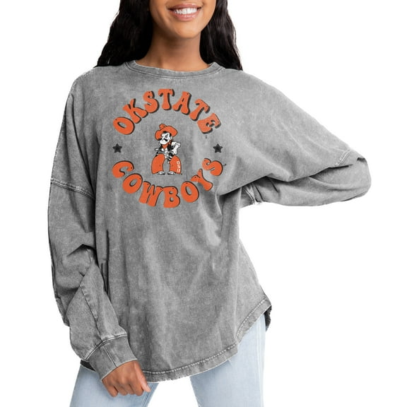 Women's Gameday Couture Gray Oklahoma State Cowboys Playing Around Faded Wash Oversized Long Sleeve T-Shirt