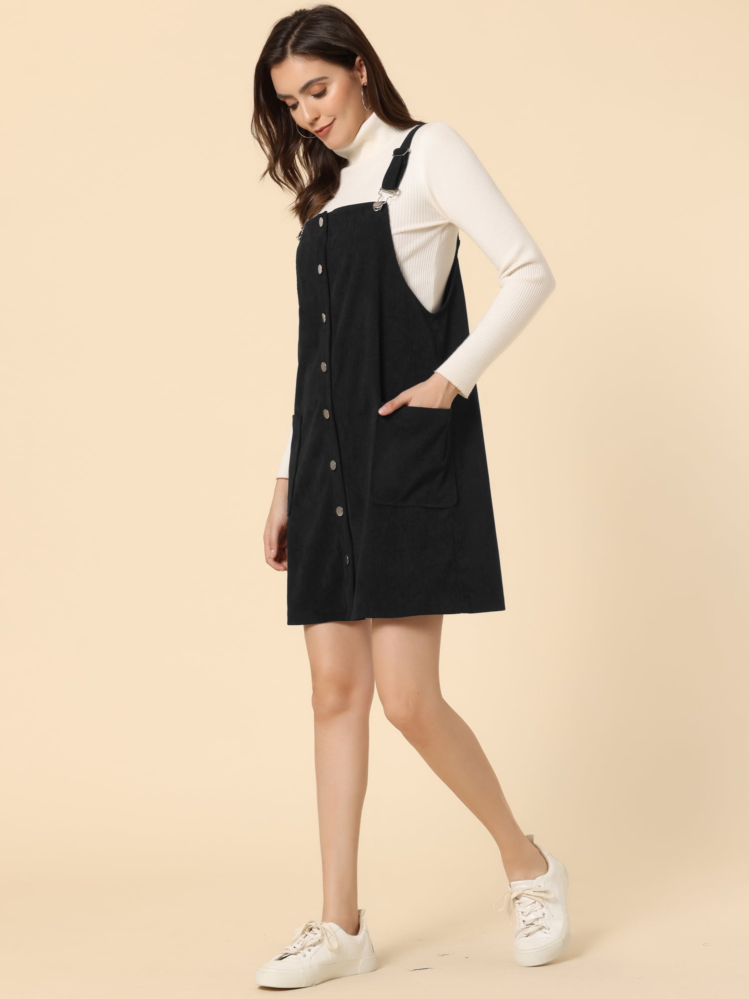 Unique Bargains Women's Corduroy Straps Pinafore Button Decor Overall Dress S Black