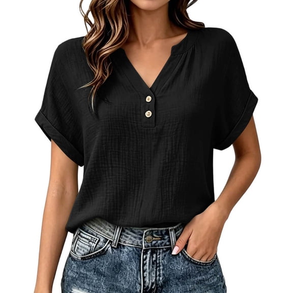 cocolona Summer Womens Button Down Tops V Neck Short Sleeve Loose Shirts Dressy Casual Solid Color Blouses