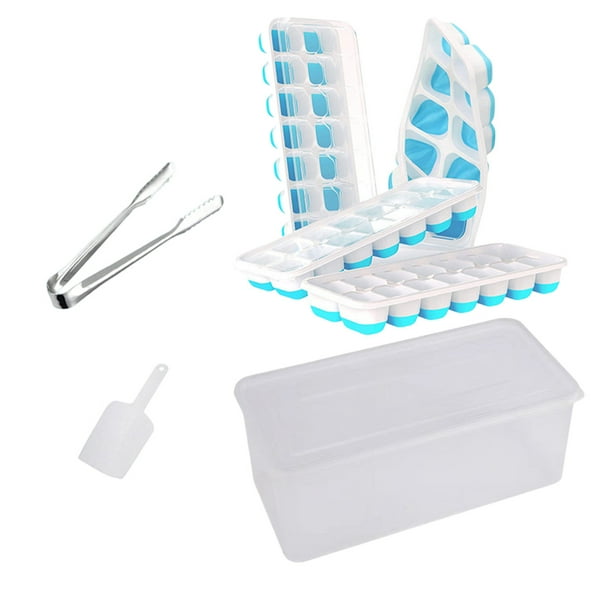 Bandeja para cubitos de hielo con tapa y recipiente, paquete de 4 bandejas de cubitos de hielo de plástico de silicona para congelador con hielera, bandeja de hielo apilable con kits de cubos de