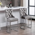 thumbnail image 2 of PORKISS Counter Height Bar Stools, Velvet Barstools Set of 2 with Button Back and Rivet Trim, Modern Upholstered Kitchen Island Chairs with Chromed Metal Base Legs, Gray, 2 of 12