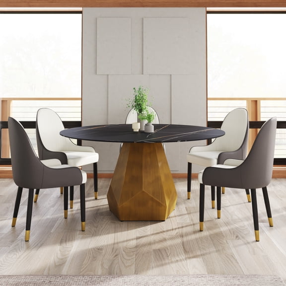 Dining Table, 59" Round Sintered Artificial Marble Top with Antique Brass Metal Base, Heat and Scratch Resistant Large Dining Room Table for 6-8 People, Black and Gold Finish