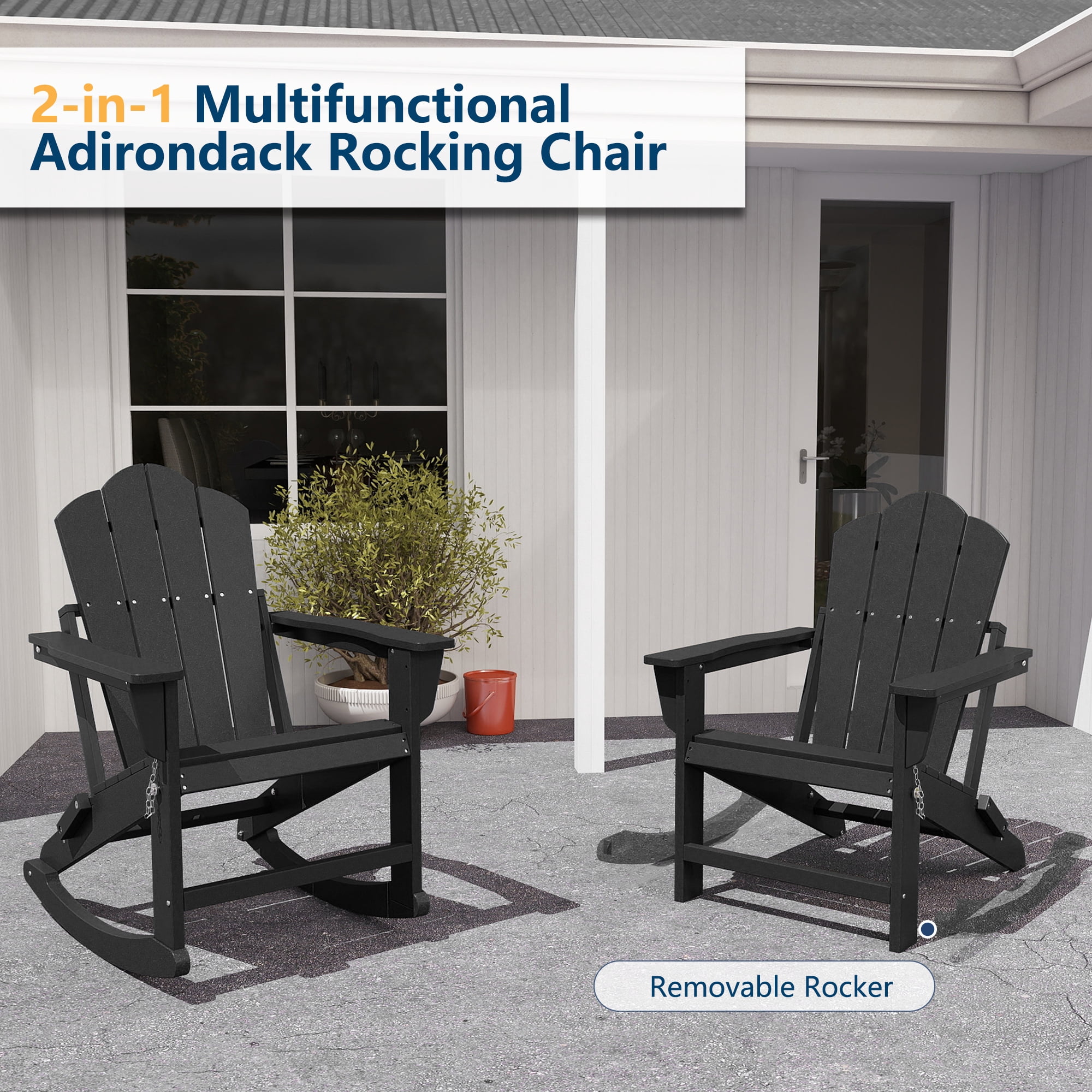 FOOWIN Folding Rocking Adirondack Chair Set of 2, HDPE Plastic Rocking Chairs for Patio Porch Rocker Chair, Black