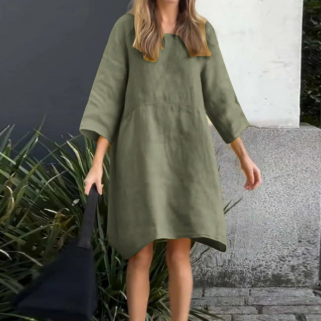Gspmoly Robes d'Été pour Femmes, Robes Décontractées à Manches Longues Unies à Col Rond pour Femmes, Longues Robes, Robes Formelles pour Femmes en Liquidation