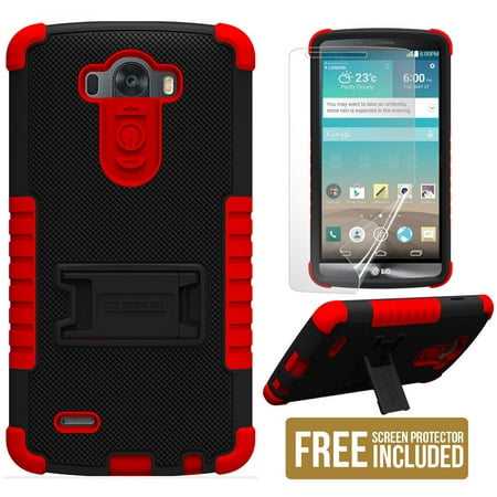 RED BLACK TRI-SHIELD SOFT SKIN HARD CASE STAND SCREEN PROTECTOR FOR LG G3 (Best Lg G3 Battery Case)