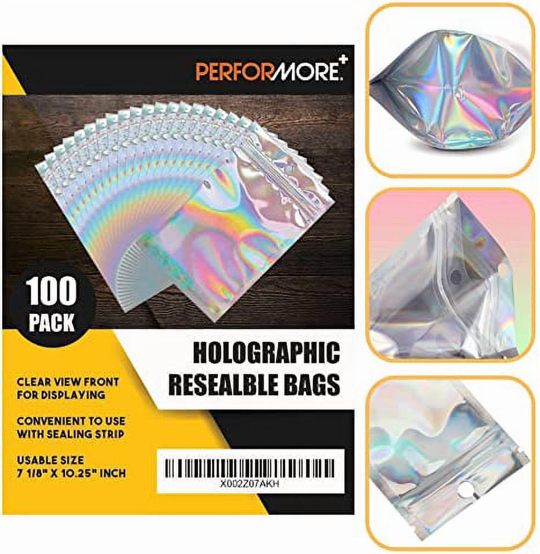 100 Pack of Holographic Resealable Food Bags, 7 x 10 Resealable Smell Proof Mylar Bags, Clear Front Window with Aluminum Foil Back, Waterproof Pouch Ziplock Bags for Food Storage and Packaging
