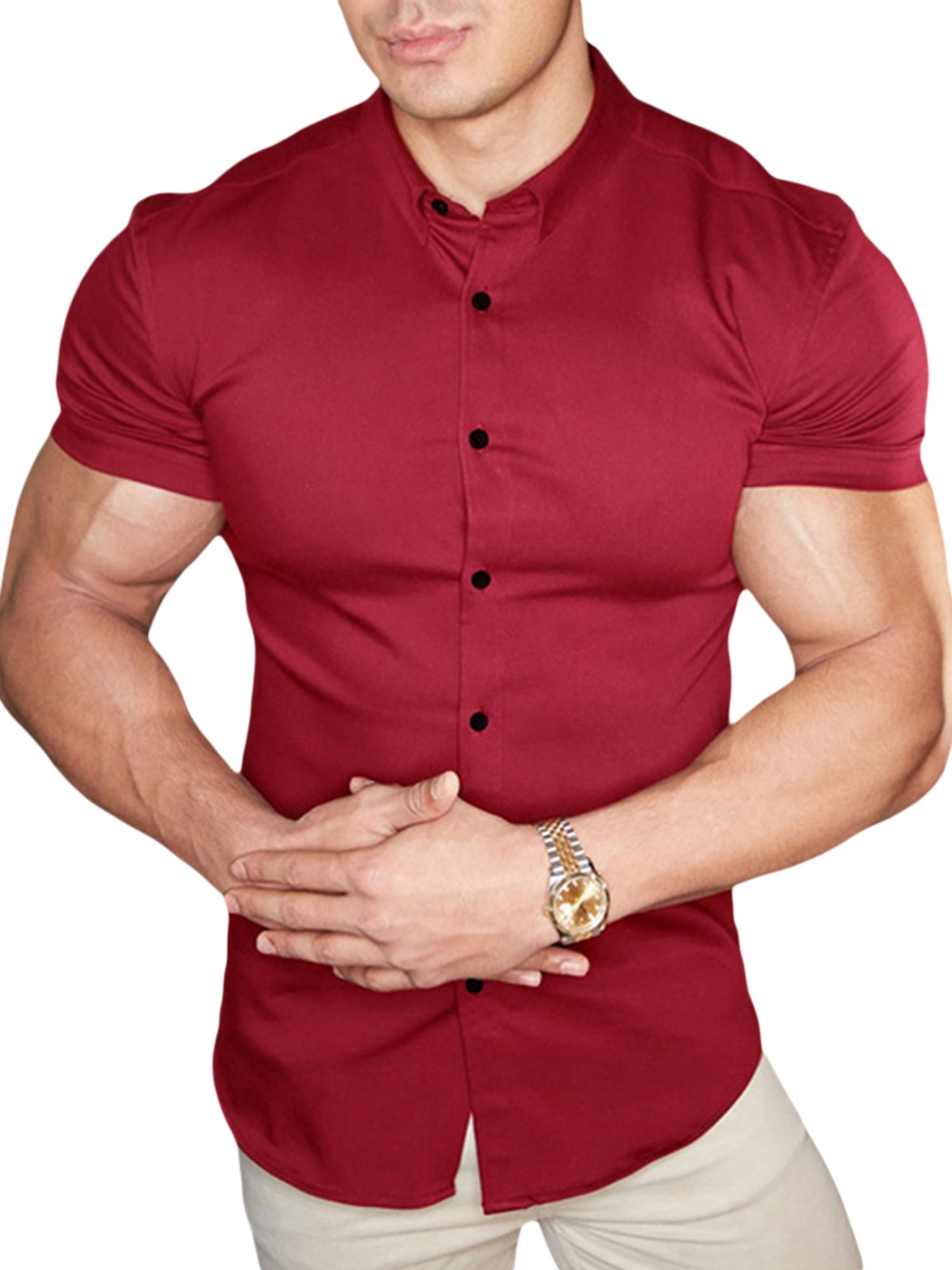 Men's Muscle Dress Shirts Stretch Short Sleeve Casual Slim Fit Button
