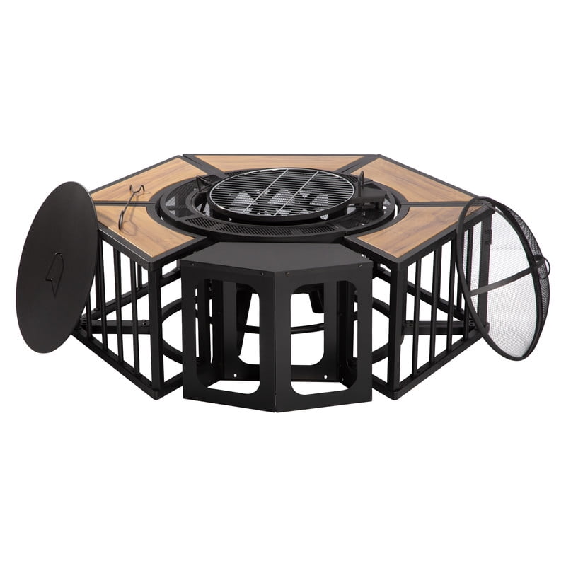 GAZEBETER 51" Fire Pit,Outdoor Wood Burning Fire Pits with Lids,Fire Poker and Metal Side Table,BBQ Fire Pits for Picnic Party, Natural Wood Grain