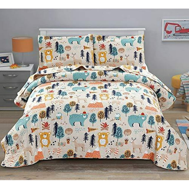 ARL HOME Courtepointe pour Enfants Taille Simple Garçons Couvre-Lit Mignon Animal Ours Literie Enfants Courtepointe Imprimée Animal Forêt Dessin Animé Couvre-Lit Réversible Léger Couettes pour Enfants+2 Taies d'Oreiller