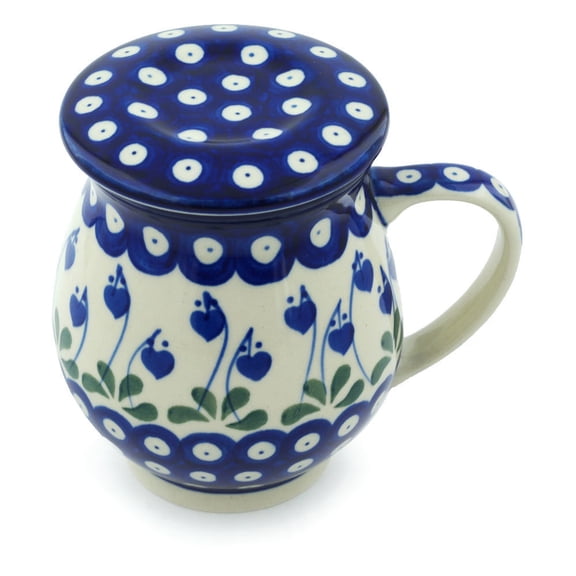 Polish Pottery Brewing Mug 14 oz Polmedia Bleeding Heart Peacock Theme Hand Painted in Boleslawiec, Poland   Certificate of Authenticity