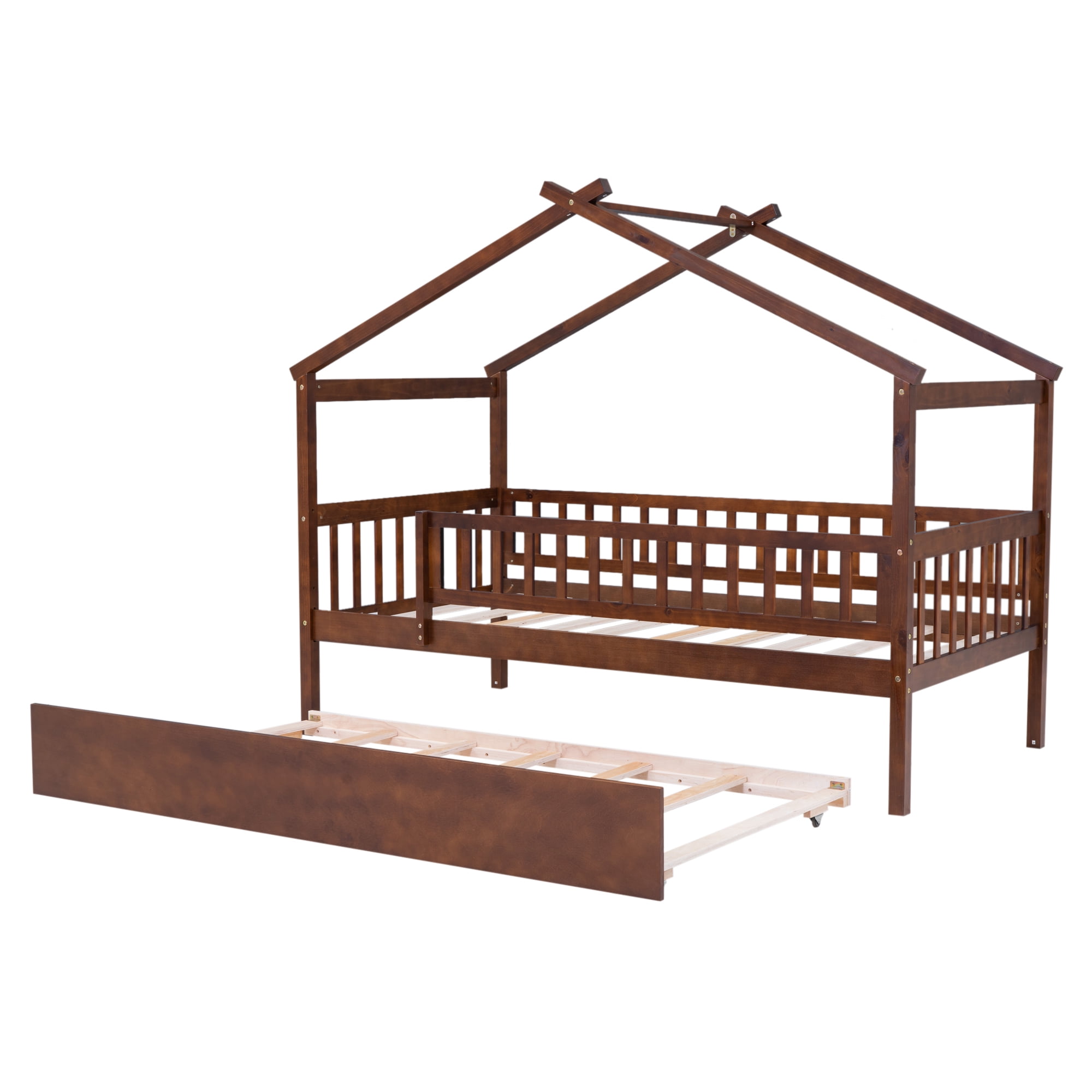 Gewnee Pine Wood Twin Size House Bed with Trundle and Roof for Kids,Walnut
