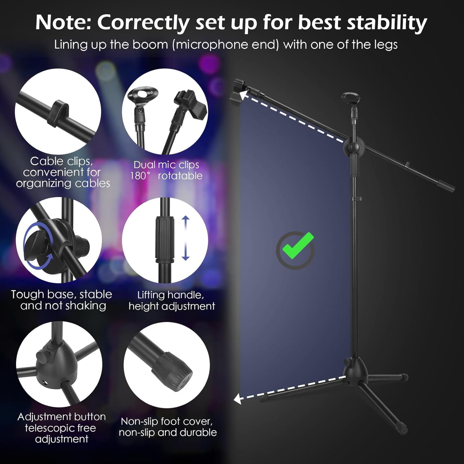 2 Pcs Adjustable Tripod Microphone Stand with  Arm, Windscreen & Clips for Live Stream Singing Stage Studio  Height 60 Inch