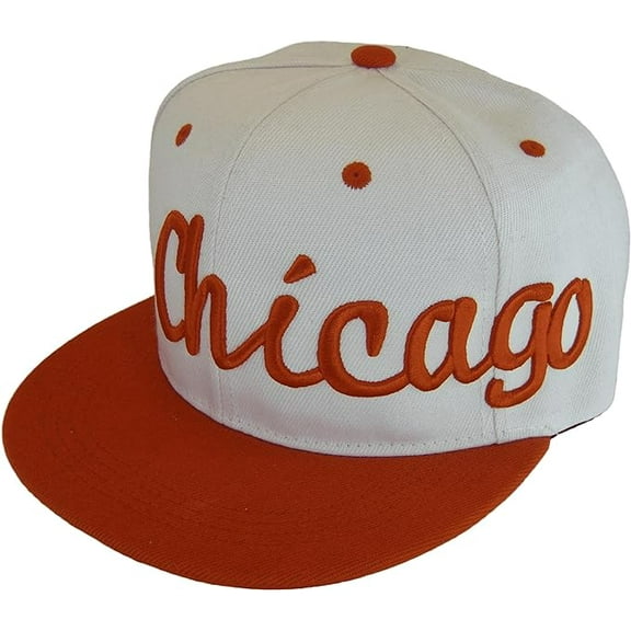 Chicago City Name Offset Script Snapback Baseball Cap (White/Red)