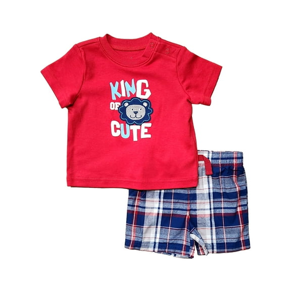 Infant Boys Blue & Red King Of Cute Shirt & Plaid Shorts Outfit Set 0-3m
