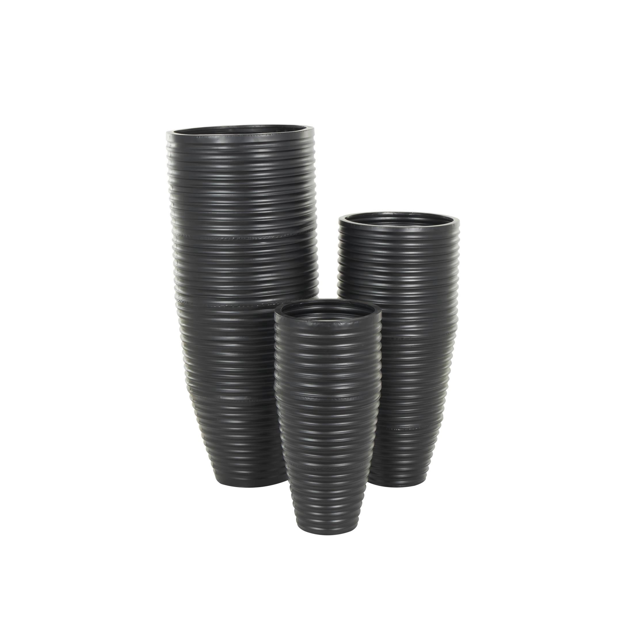 DecMode 46", 35", 27"H Ribbed Tall Floor Black Metal Vase with Horizontal Grooves, Set of 3