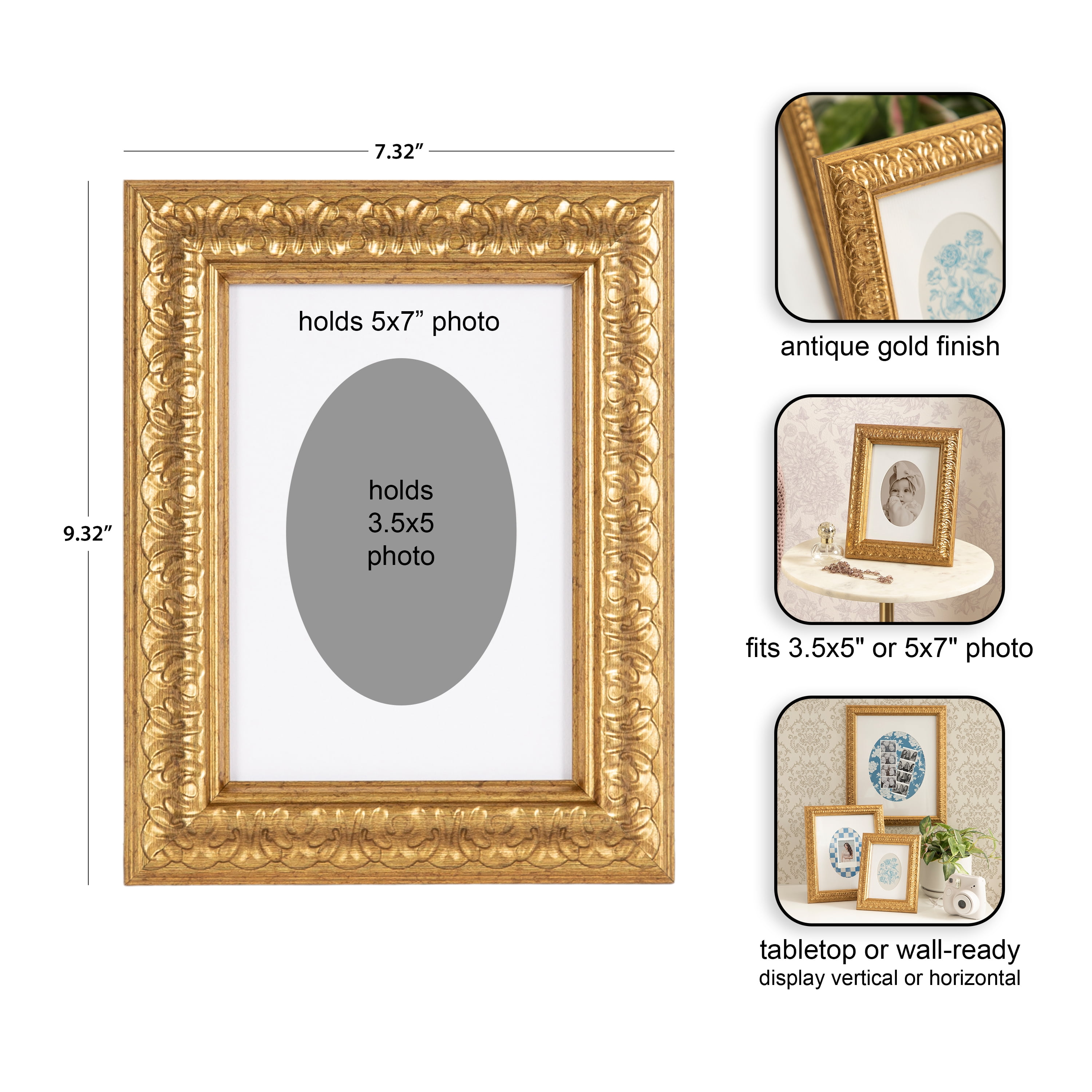 DesignOvation – 3.5x5 Picture Frame – Ornate Antique Gold Tabletop Photo Frame