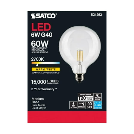 Satco S21252 G40 Globe LED Light Bulbs 6W 120V 2700K 90CRI E26 Medium Base Dimmable (6 Pack)