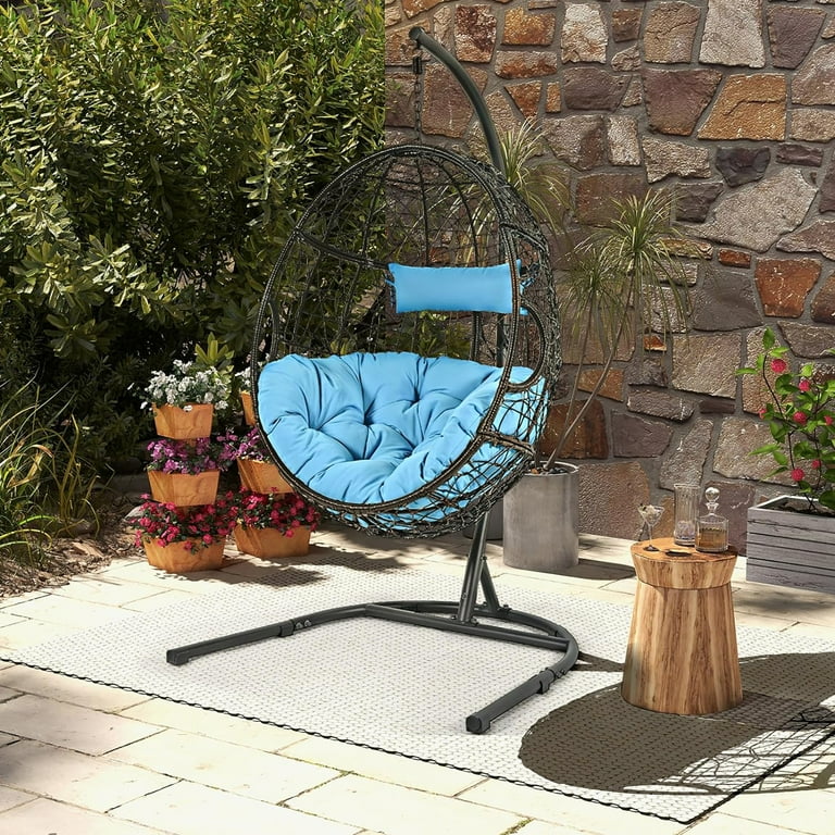 Gymax Hanging Hammock Chair Egg Swing Chair w Blue Cushion Pillow Stand Walmart