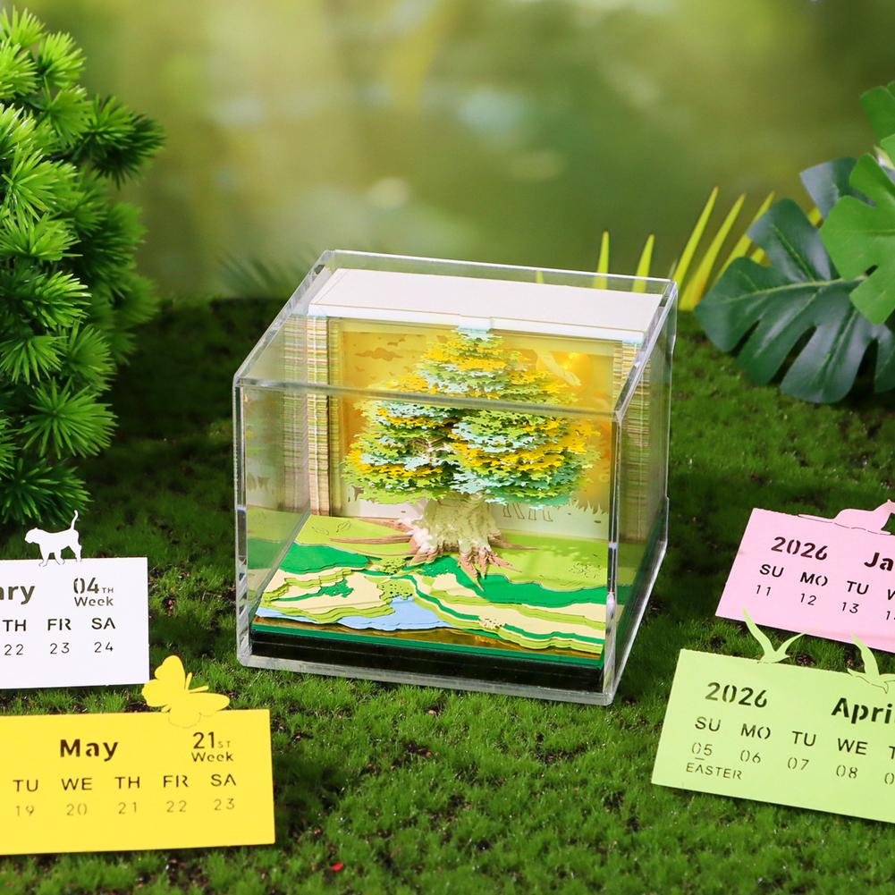 ZOUBAOQ 3D Desk Calendar 2026, 3d tear away calendar, Desk Calendar Weekly Planner with Light, 3D Memo Pad Creative Time Piece Calendar Magic Tree Rip Away Paper Carving