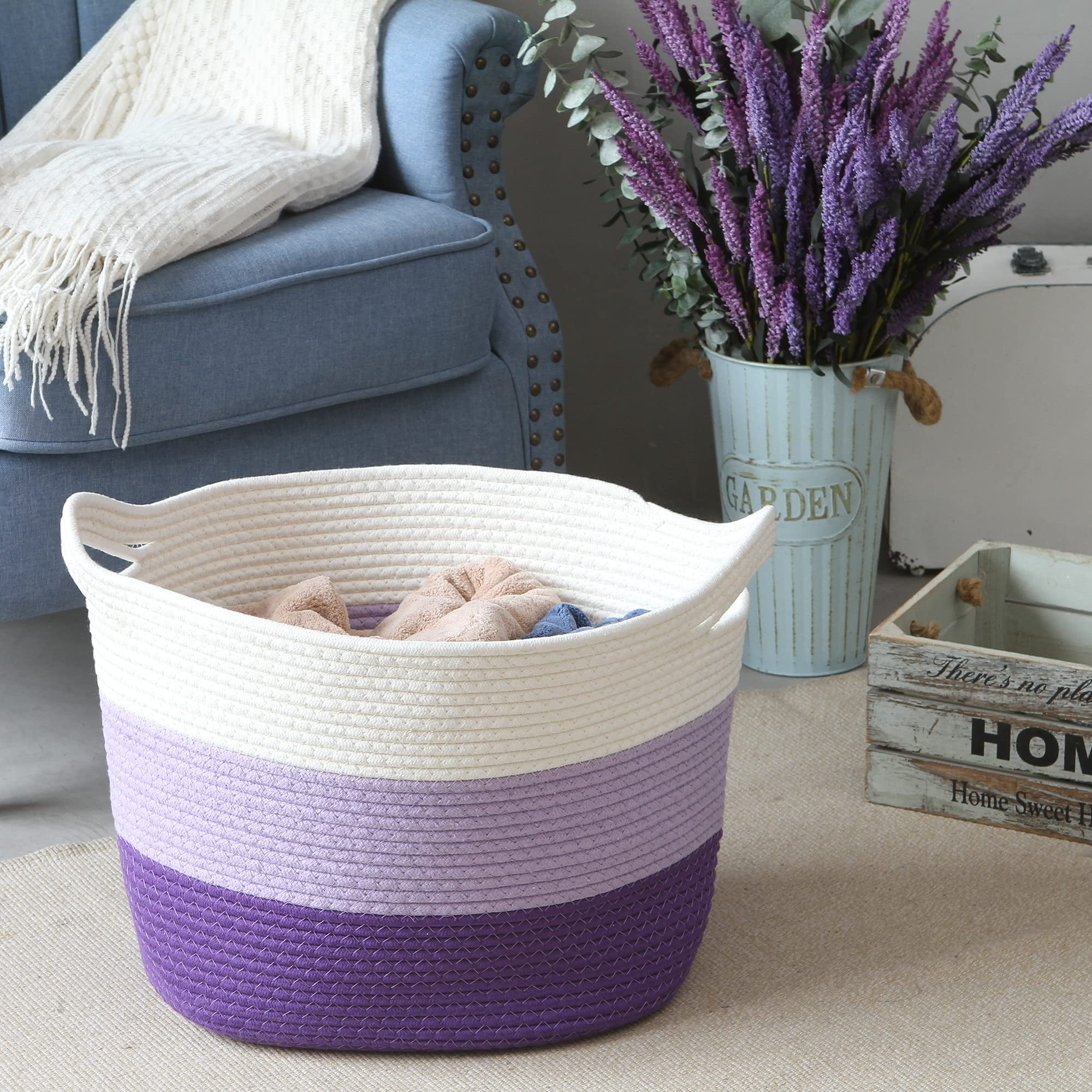 Sea Team Oval Cotton Rope Woven Storage Basket with Handles, 16 x 13 inches, White & Lavender