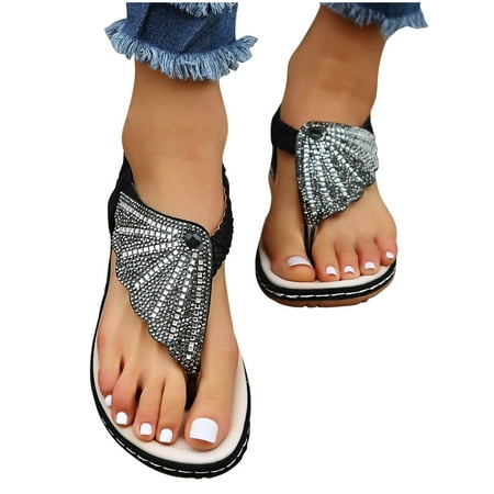 

Thong Flat Sandals Casual Beaded Flower Rhinestone T Strap Dress Sandals Adjustable Ankle Buckle Dress Thong Sandals for Women Summer Wedding
