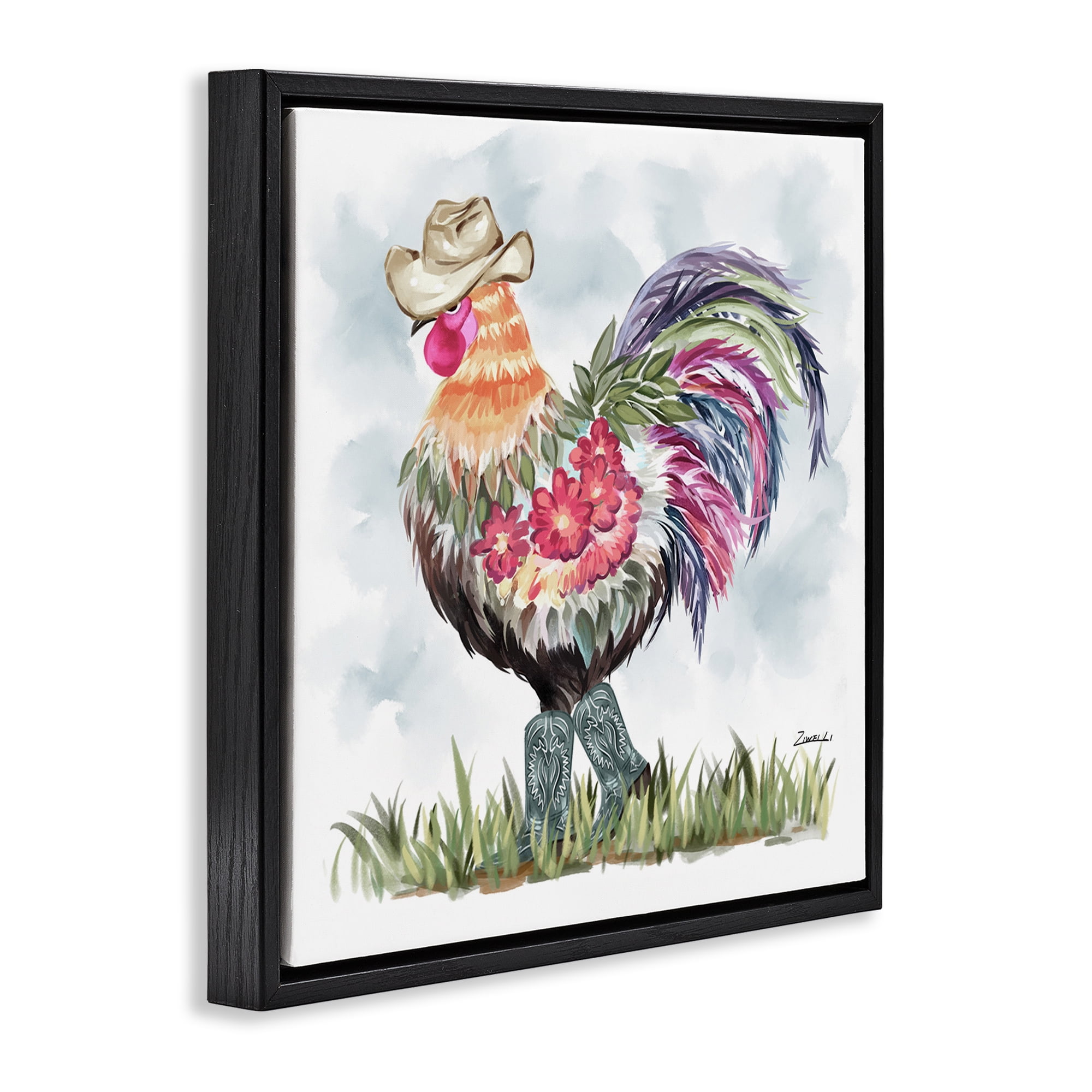 Stupell Industries Cowboy Floral Hen Animals & Insects Painting Black Floater Framed Canvas Art Print Wall Art, 18 x 18