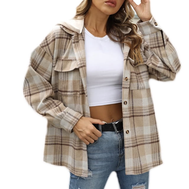 CEHVOM Mode Femmes Décontracté Boutons Carreaux Imprimé Manches Longues Veste à Capuche Manteau Liquidation