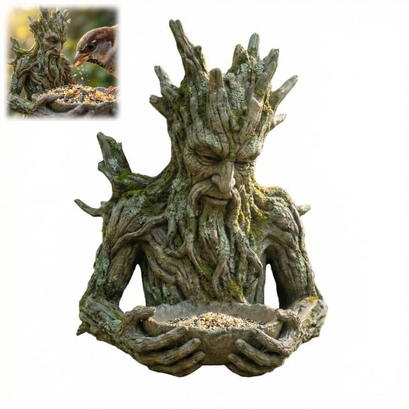 Tree Face Bird Feeder Statue, Mossy Old Tree Man Sculpture, Resin Wall Mount Bird Food Bowl, Outdoor Garden Yard Decor Ornament